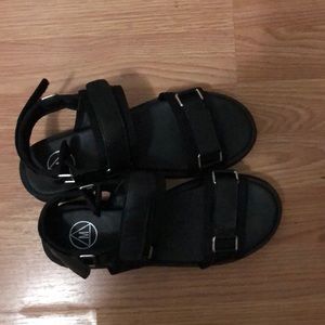 Black faux leather granddad sandals